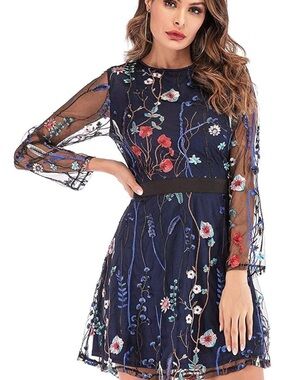 Sheer Navy Floral Embroidered Dress - Elegant Women's Party Dress